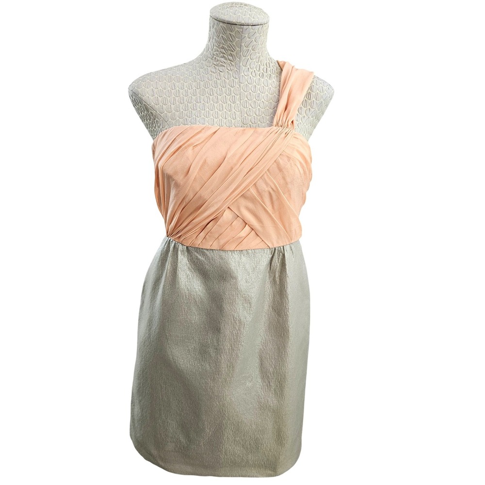 J.Crew Collection‎ Dress Womens 8 Peach Gold Solid Silk Metallic One Shoulder